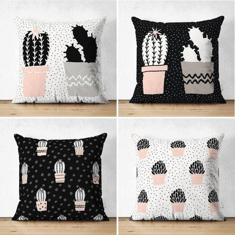 Set of 4 Cactus Pillow Covers|Decorative Succulent Pillow Case|Floral Cactus Throw Pillow Top|Black White Cactus in Flowerpot Drawing Pillow