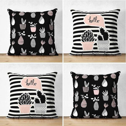 Set of 4 Cactus Pillow Covers|Striped Succulent Pillow Case|Hello Cactus Throw Pillow Top|Black White Cactus in Flowerpot Drawing Pillow Top