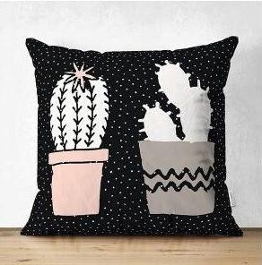Set of 4 Cactus Pillow Covers|Decorative Succulent Pillow Case|Floral Cactus Throw Pillow Top|Black White Cactus in Flowerpot Drawing Pillow