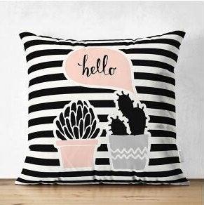 Set of 4 Cactus Pillow Covers|Striped Succulent Pillow Case|Hello Cactus Throw Pillow Top|Black White Cactus in Flowerpot Drawing Pillow Top