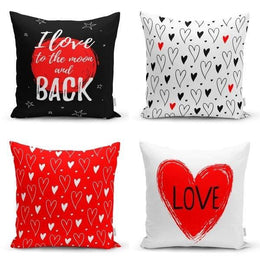 Set of 4 Valentine's Day Pillow Covers|Heart Print Home Decor|I Love to the Moon and Back Cushion Case|Red Black Love Decor|Throw Pillow Top