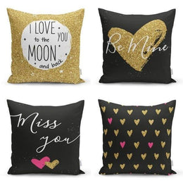 Set of 4 Valentine's Day Pillow Covers|Gold Pink Heart Print Cushion Case|I Love You Pillow Top|Be Mine Throw Pillow|Black Gold Love Decor