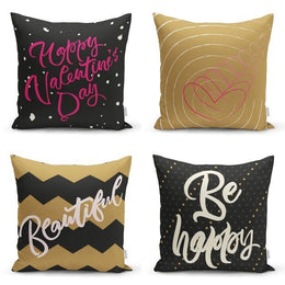 Set of 4 Valentine's Day Pillow Covers|Gold Black Pink Romantic Cushion Case|Be Happy Pillowcase|Beautiful Throw Pillow|Gift For Sweetheart
