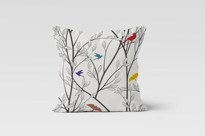Floral Bird Pillow Case|Birds, Flowers and Tree Branches Pillow Cover|Decorative Colorful Bird Cushion Case|Housewarming Porch Cushion Cover