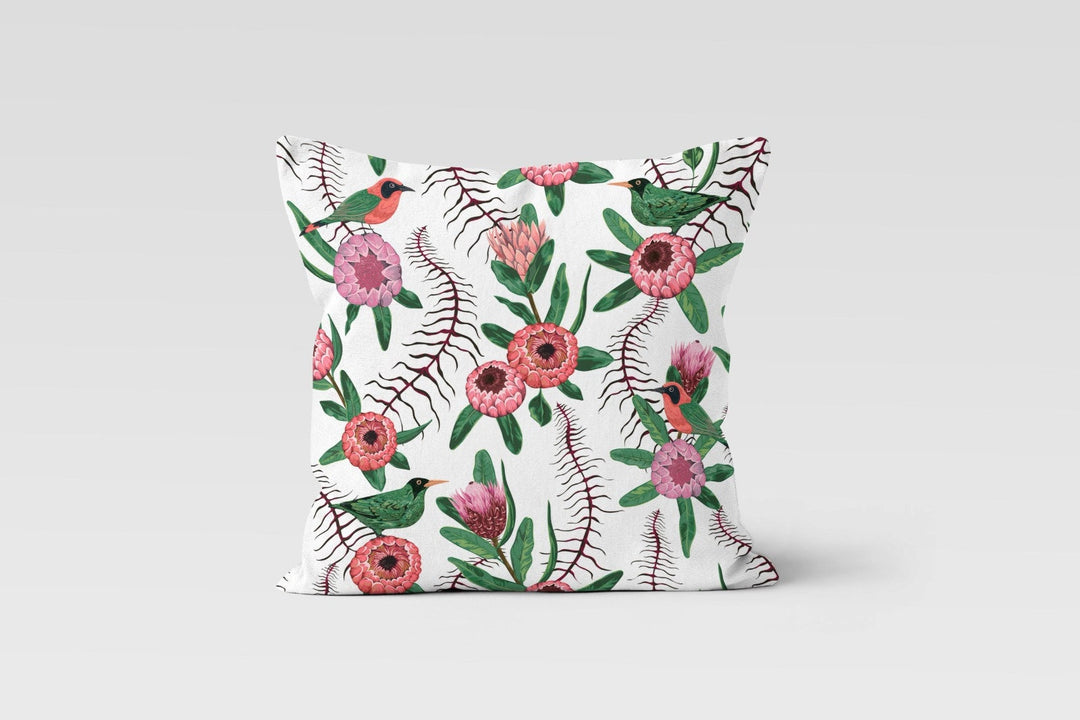 Floral Bird Pillow Case|Birds, Flowers and Tree Branches Pillow Cover|Decorative Colorful Bird Cushion Case|Housewarming Porch Cushion Cover