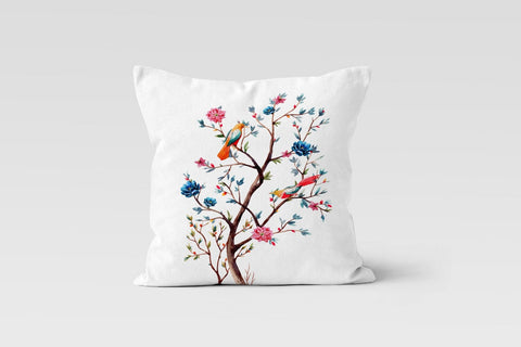 Floral Bird Pillow Case|Birds, Flowers and Tree Branches Pillow Cover|Decorative Colorful Bird Cushion Case|Housewarming Porch Cushion Cover