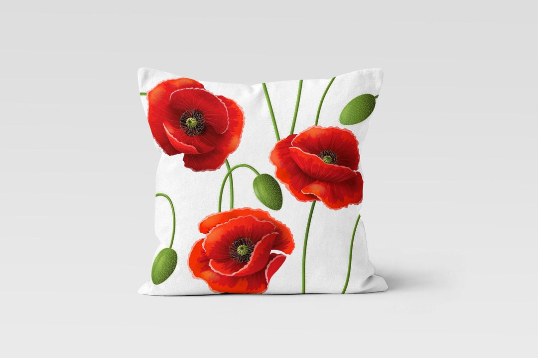 Poppy Pillow Cover|Red Yellow Turquoise Poppy Cushion Case|Floral Throw Pillow Top|Boho Bedding Home Decor|Rustic Farmhouse Style Pillow Top