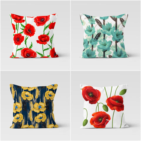 Poppy Pillow Cover|Red Yellow Turquoise Poppy Cushion Case|Floral Throw Pillow Top|Boho Bedding Home Decor|Rustic Farmhouse Style Pillow Top