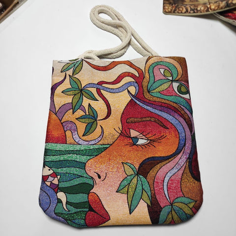 Woman Face Shoulder Bags|Picasso Painting Drawstring Bag|Handmade Tapestry Bag|Overnight Gobelin Bag|Woven Tote Bag|Vintage Style Boho Bag