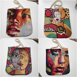 Woman Face Shoulder Bags|Colorful Drawstring Bag|Handmade Tapestry Bag|Unique Design Gobelin Bag|Woven Tote Bag|Vintage Style Large Boho Bag