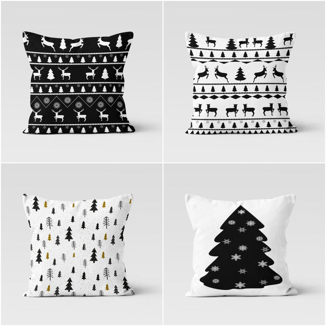 Christmas Pillow Cover|Black White Deer Cushion Case|Black and White Xmas Decor|Decorative Winter Pillow Top|Xmas Tree Throw Pillow Cover