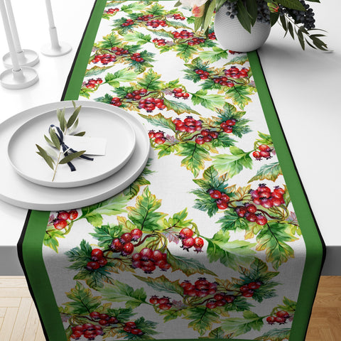 Christmas Table Runners|Winter Trend Table Runner|Green Leaves and Red Berries Home Decor|Bird and Pine Cone Farmhouse Style Xmas Tablecloth