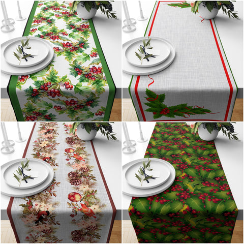 Christmas Table Runners|Winter Trend Table Runner|Green Leaves and Red Berries Home Decor|Bird and Pine Cone Farmhouse Style Xmas Tablecloth