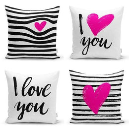 Set of 4 Valentine's Day Pillow Covers|Pink Heart and Black Stripes Home Decor|I Love You Print Throw Pillow Top|Pillow Gift for Girlfriend