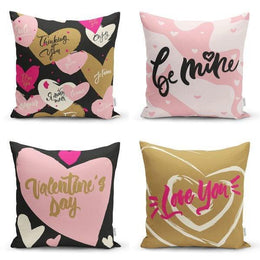 Set of 4 Valentine's Day Pillow Covers|Pink Heart Cushion|Thinking of You Decor|Be Mine Throw Pillow Top|Love You Print Fiance Gift For Her