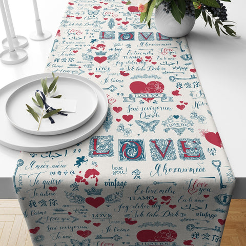 Valentine Day Table Runner|I Love You Print Dining Table Decor|Romantic Tabletop with Love Cat|Kitchen Decor with Heart|Gift for Valentine