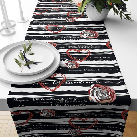 Valentine Day Table Runner|Floral Striped Heart Print Dining Table Decor|Romantic Tabletop|Love Themed Kitchen Decor|Gift Runner for Wife
