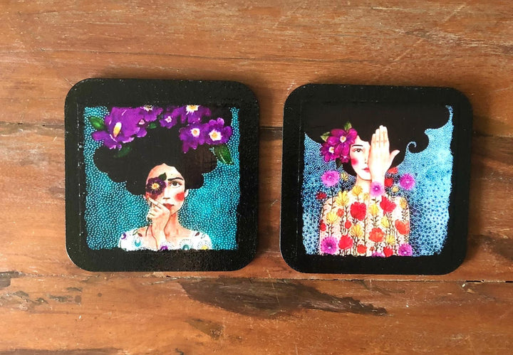 Set of 6 Hand Painted Coasters|Women Themed Drink Coaster Set|Custom Handmade Kitchen Decor|New Home Gift|Original Cute Decor|Gift For Mom