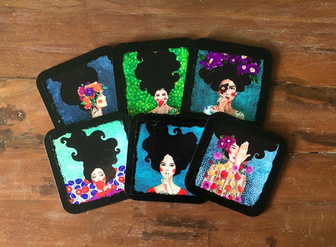Set of 6 Hand Painted Coasters|Women Themed Drink Coaster Set|Custom Handmade Kitchen Decor|New Home Gift|Original Cute Decor|Gift For Mom