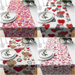 Valentine Day Runner|Flower Patterned Heart Print Dining Table Decor|Romantic Tabletop|Love Themed Kitchen Decor with Cat Print|Gift for Her