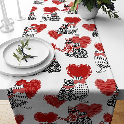 Valentine Day Runner|Flower Patterned Heart Print Dining Table Decor|Romantic Tabletop|Love Themed Kitchen Decor with Cat Print|Gift for Her