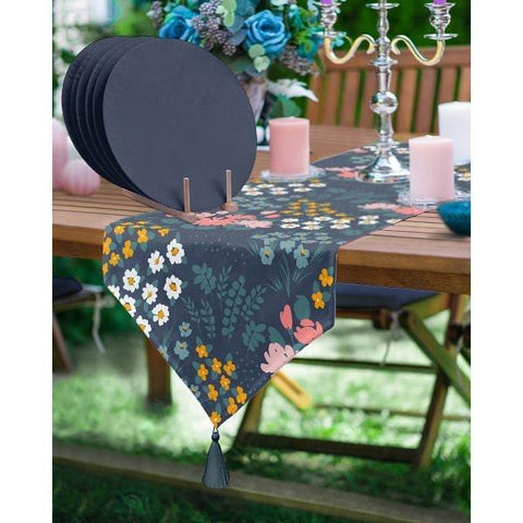Floral Table Runner & Placemat Set|Summer Tabletop|Set of 6 Supla Table Mat|Abstract Flower Drawing Runner and American Service Underplate