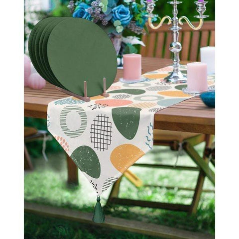 Abstract Shapes Runner & Placemat Set|Decorative Tabletop|Set of 6 Supla Table Mat|Green Beige Table Runner and Round American Service
