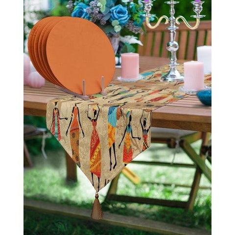 African Table Runner & Placemat Set|Decorative Tabletop|Set of 6 Supla Table Mat|Ethnic African Woman Tablecloth and Round American Service