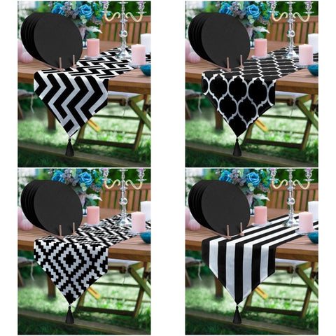 Geometric Runner & Placemat Set|Black White Tabletop|Set of 6 Supla Table Mat|Zigzag and Striped Tablecloth and American Service Underplate