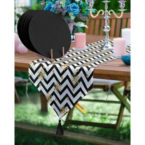 Zig Zag Table Runner & Placemat Set|Black Gray Tabletop|Set of 6 Supla Table Mat|Geometric Tablecloth and Round American Service Underplate