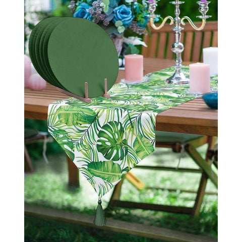 Leaves Table Runner & Placemat Set|Tropical Tabletop|Set of 6 Supla Table Mat|Floral Green Leaves Tablecloth and American Service Underplate