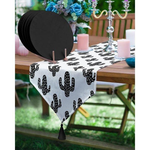 Cactus Table Runner & Placemat Set|Succulent Tabletop|Set of 6 Supla Table Mat|Black White Cactus Tablecloth and American Service Underplate