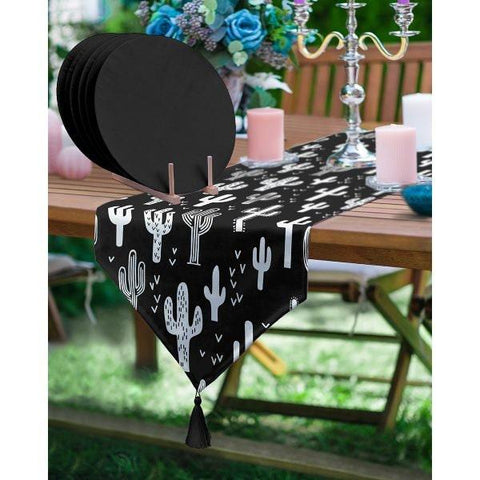 Cactus Table Runner & Placemat Set|Succulent Tabletop|Set of 6 Supla Table Mat|Black White Cactus Tablecloth and American Service Underplate