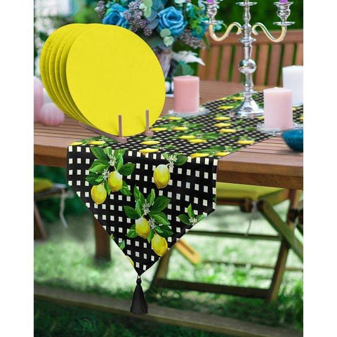 Lemon Table Runner & Placemat Set|Fresh Citrus Tabletop|Set of 6 Supla Table Mat|Yellow Green Tablecloth and American Service Underplate