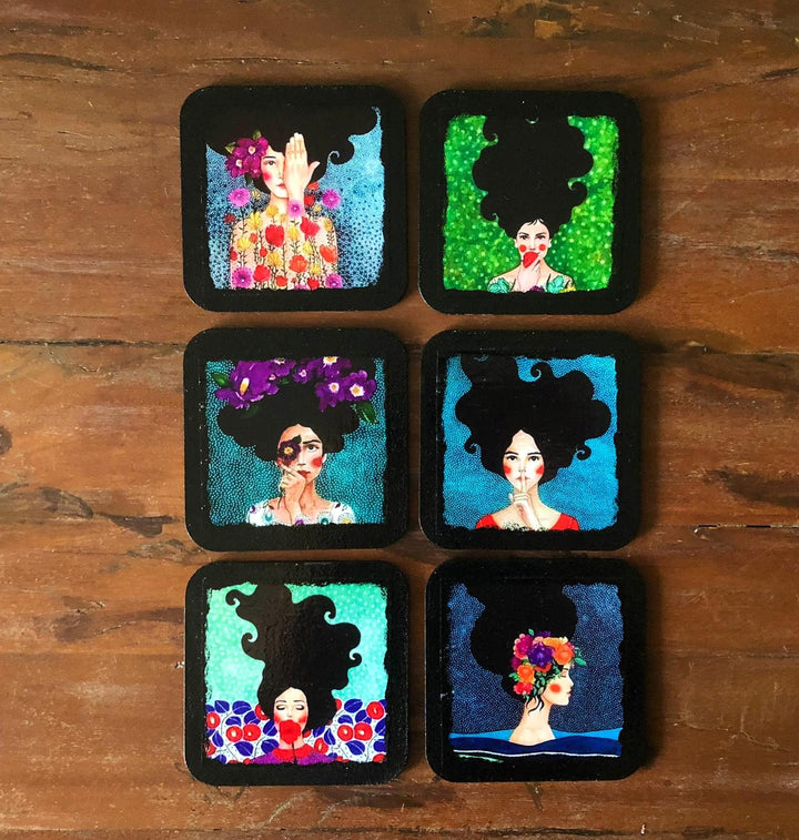 Set of 6 Hand Painted Coasters|Women Themed Drink Coaster Set|Custom Handmade Kitchen Decor|New Home Gift|Original Cute Decor|Gift For Mom