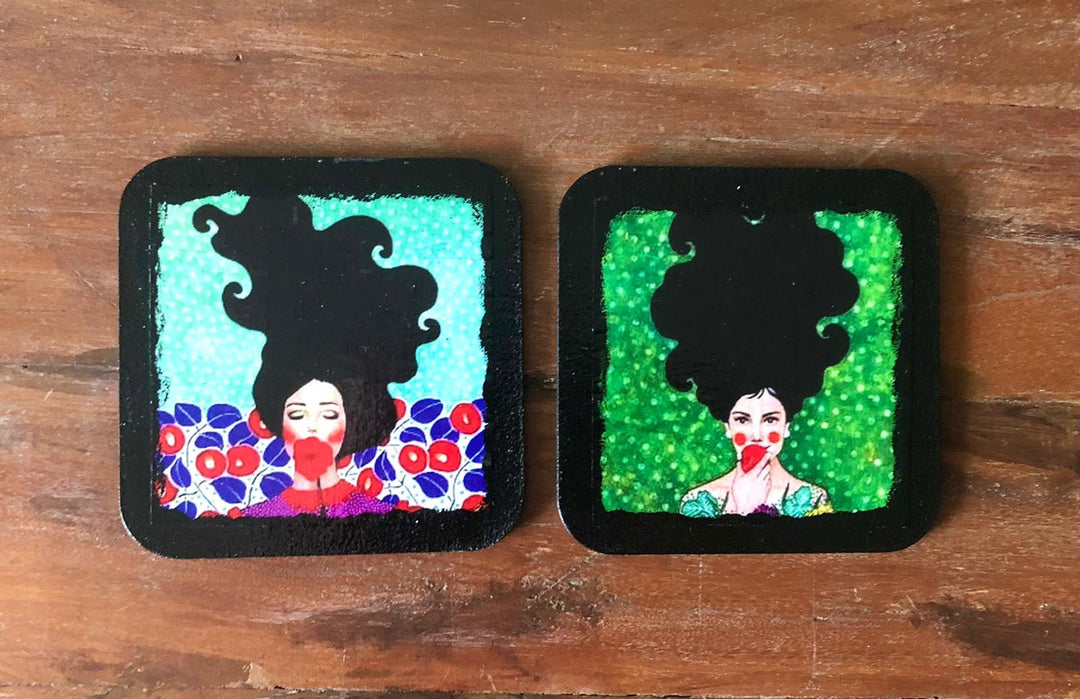 Set of 6 Hand Painted Coasters|Women Themed Drink Coaster Set|Custom Handmade Kitchen Decor|New Home Gift|Original Cute Decor|Gift For Mom