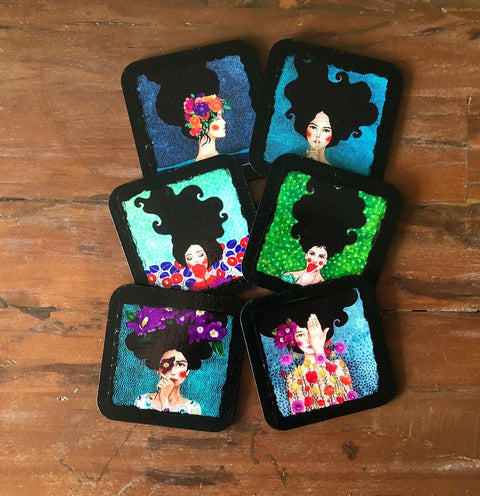 Set of 6 Hand Painted Coasters|Women Themed Drink Coaster Set|Custom Handmade Kitchen Decor|New Home Gift|Original Cute Decor|Gift For Mom