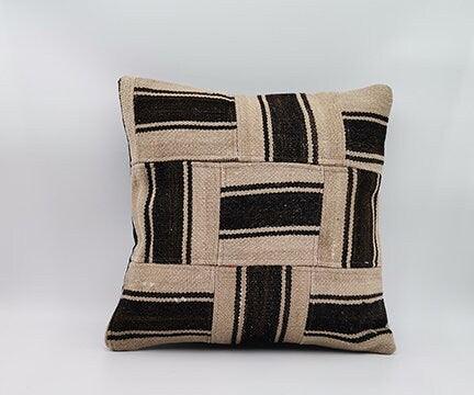 Vintage Kilim Pillow Cover|Turkish Kilim Cushion Case|Geometric Brown Anatolian Decor|Ottoman Rug Pillow Top|Handwoven Rug Cushion 16x16