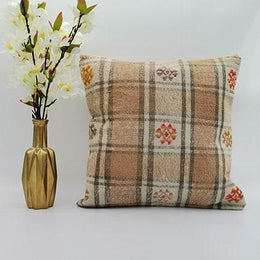 Vintage Kilim Pillow Cover|Turkish Kelim Cushion Case|Antique Anatolian Throw Pillow Top|Boho Bedding Decor|Handwoven Rug Cushion Case 16x16