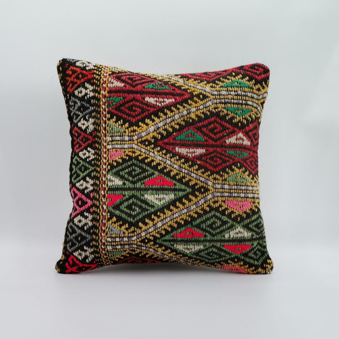 Vintage Kilim Pillow Cover|Turkish Kelim Pillow Top|Ottoman Rug Throw Pillowcase|Diamond Pattern Decor|Handwoven Rug Cushion Cover 16x16