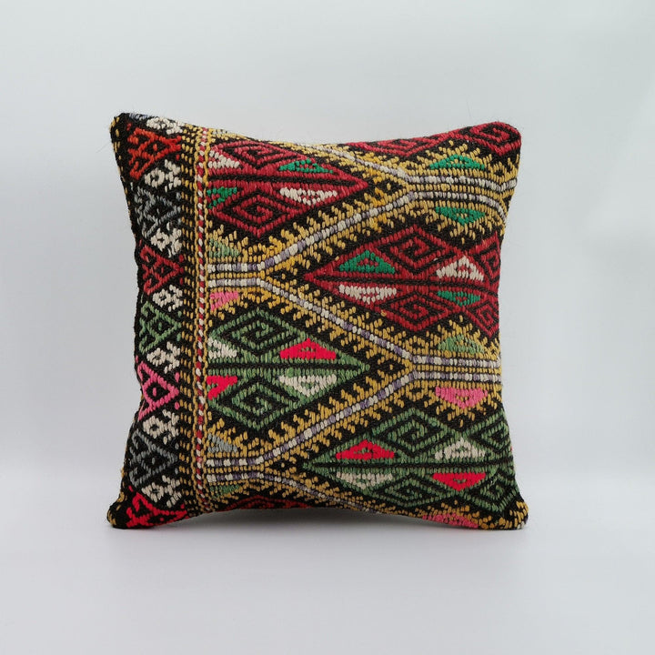 Vintage Kilim Pillow Cover|Turkish Kelim Pillow Top|Ottoman Rug Throw Pillowcase|Diamond Pattern Decor|Handwoven Rug Cushion Cover 16x16