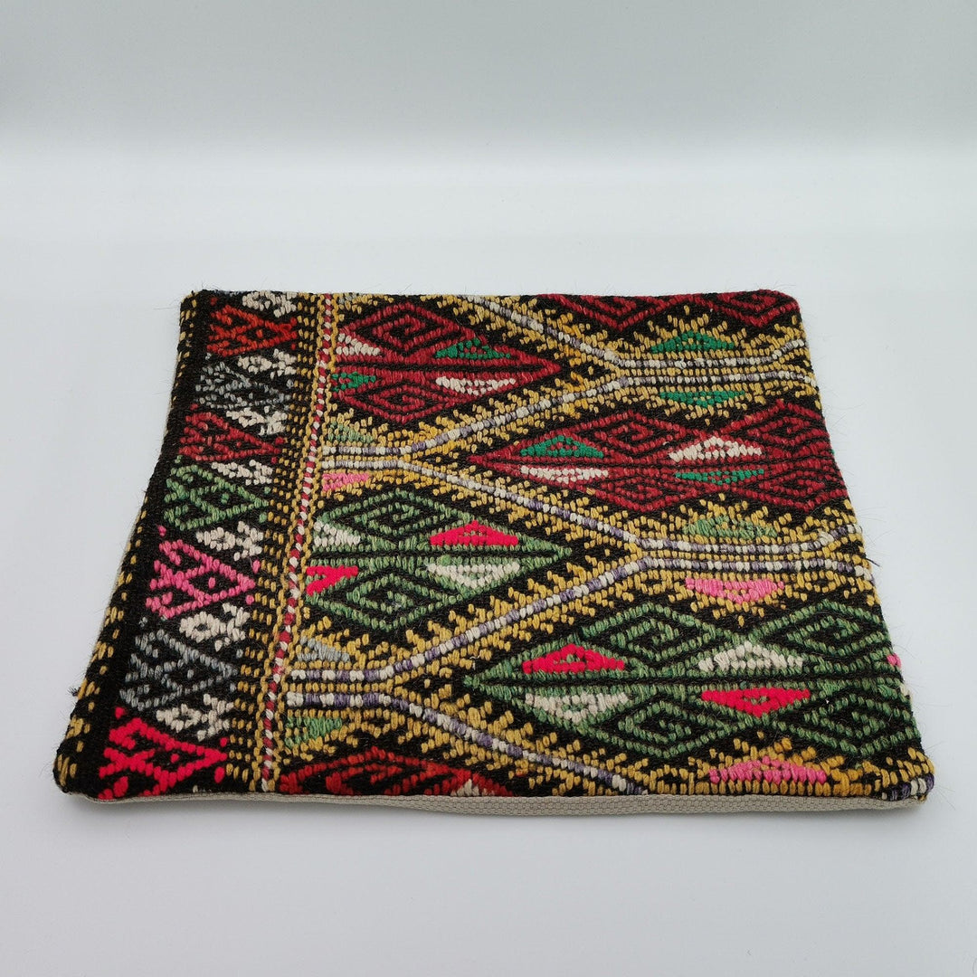 Vintage Kilim Pillow Cover|Turkish Kelim Pillow Top|Ottoman Rug Throw Pillowcase|Diamond Pattern Decor|Handwoven Rug Cushion Cover 16x16