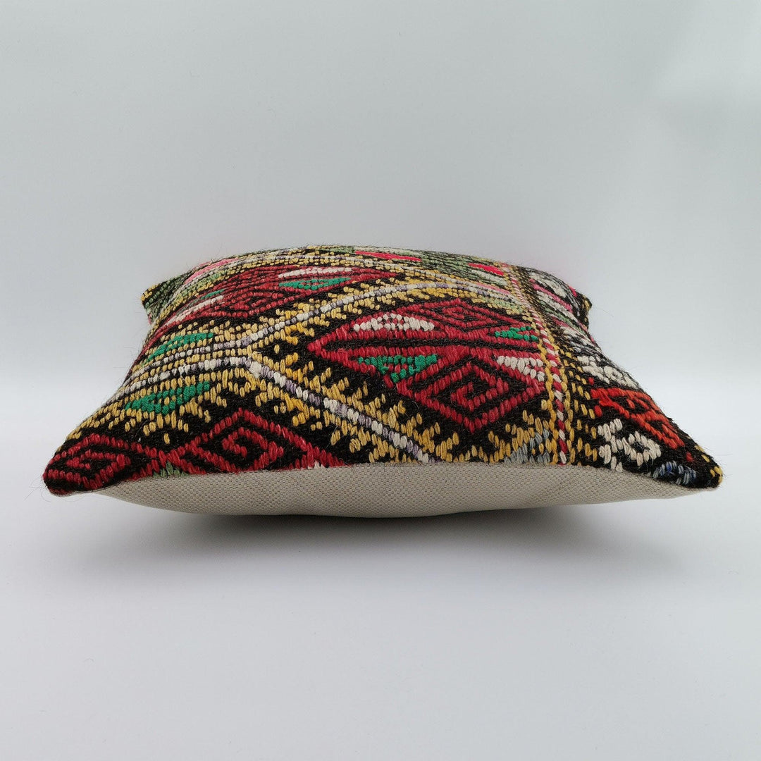 Vintage Kilim Pillow Cover|Turkish Kelim Pillow Top|Ottoman Rug Throw Pillowcase|Diamond Pattern Decor|Handwoven Rug Cushion Cover 16x16