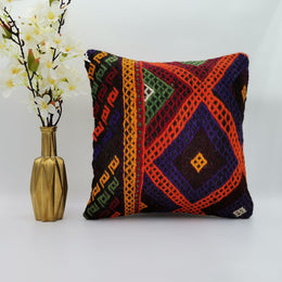 Vintage Kilim Pillow Cover|Turkish Kilim Cushion Case|Ottoman Rug Throw Pillow Top|Diamond Pattern Decor|Handwoven Rug Cushion Cover 16x16