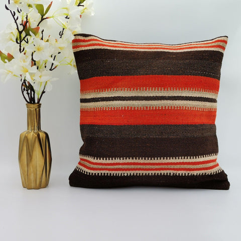 Vintage Kilim Pillow Cover|Turkish Kilim Cushion Case with Stripes|Traditional Rug Throw Pillow|Boho Bedding Decor|Handwoven Rug Decor 16x16