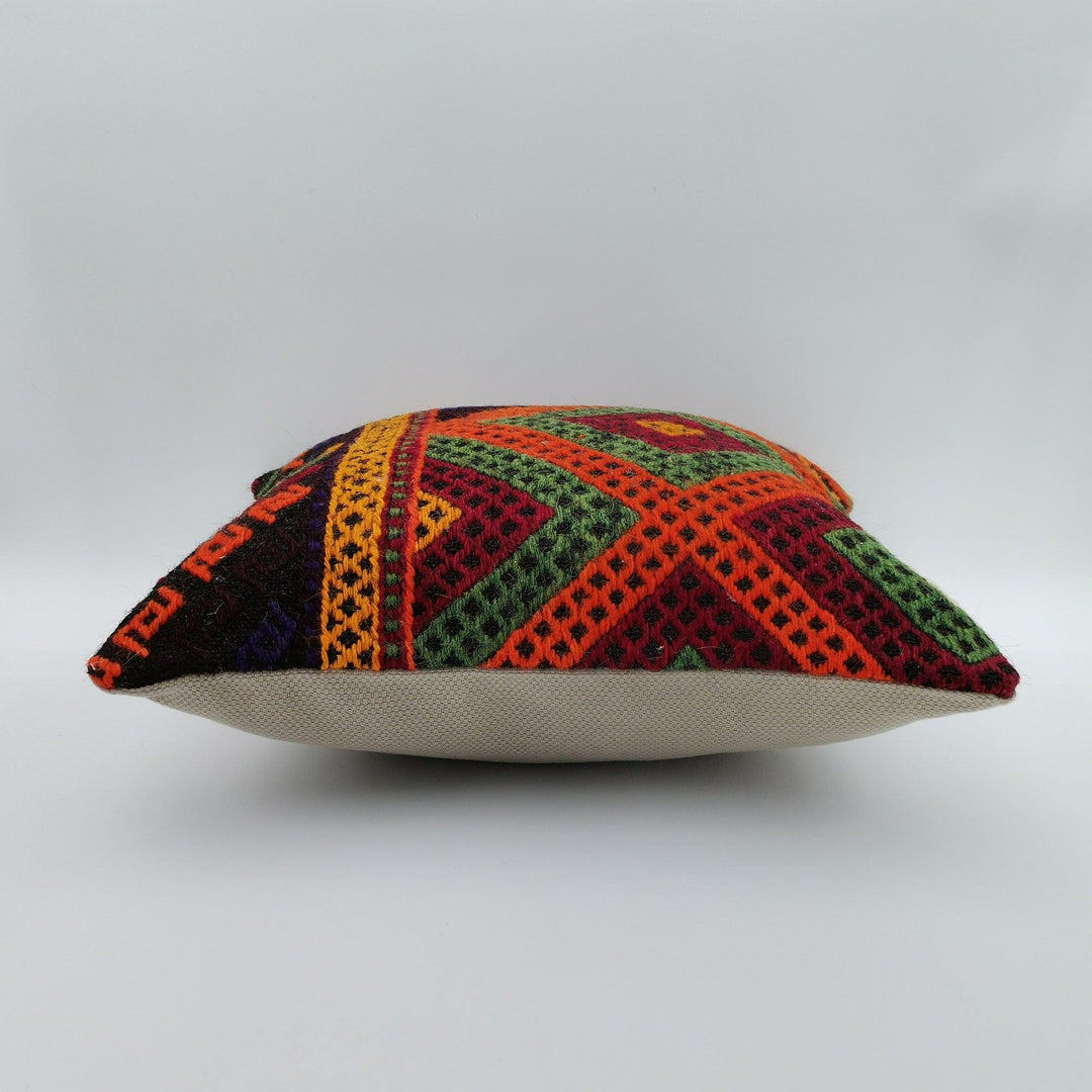 Turkish Kilim Pillow Cover|Geometric Pattern Vintage Kelim Cushion Case|Ottoman Throw Pillow Top|Handwoven Anatolian Rug Cushion Case 16x16