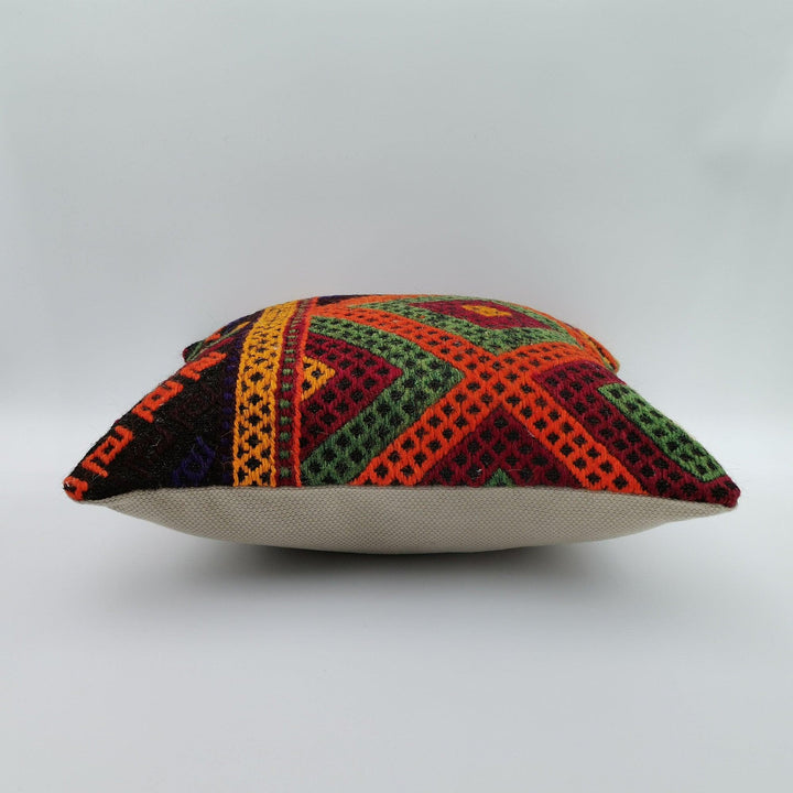Turkish Kilim Pillow Cover|Geometric Pattern Vintage Kelim Cushion Case|Ottoman Throw Pillow Top|Handwoven Anatolian Rug Cushion Case 16x16