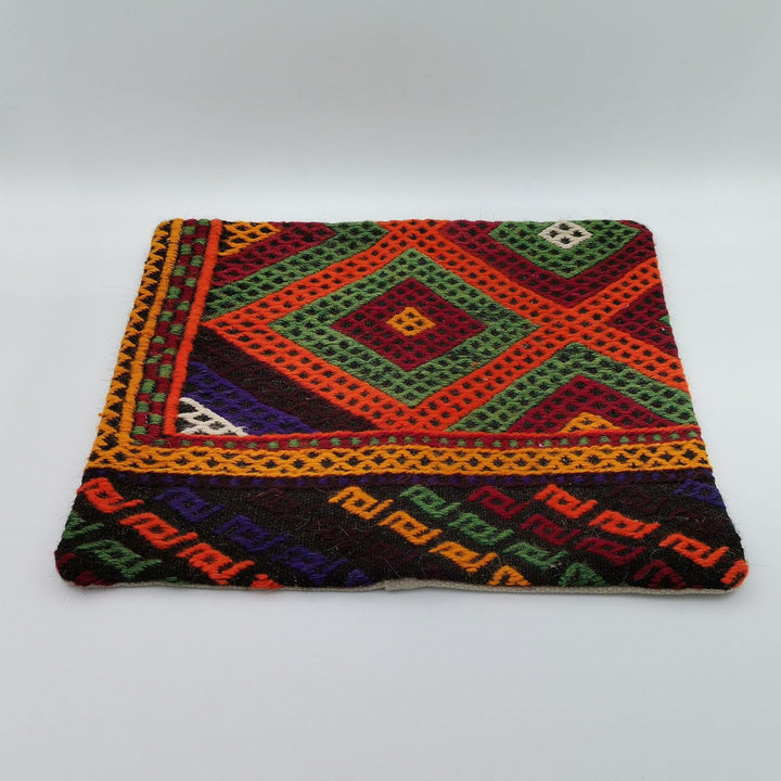 Turkish Kilim Pillow Cover|Geometric Pattern Vintage Kelim Cushion Case|Ottoman Throw Pillow Top|Handwoven Anatolian Rug Cushion Case 16x16