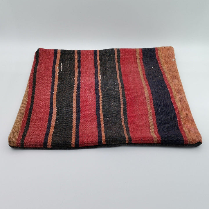 Turkish Kilim Pillow Cover|Red Black Striped Kelim Cushion Case|Anatolian Vintage Throw Pillow Top|Handwoven Rug Design Cushion Case 16x16