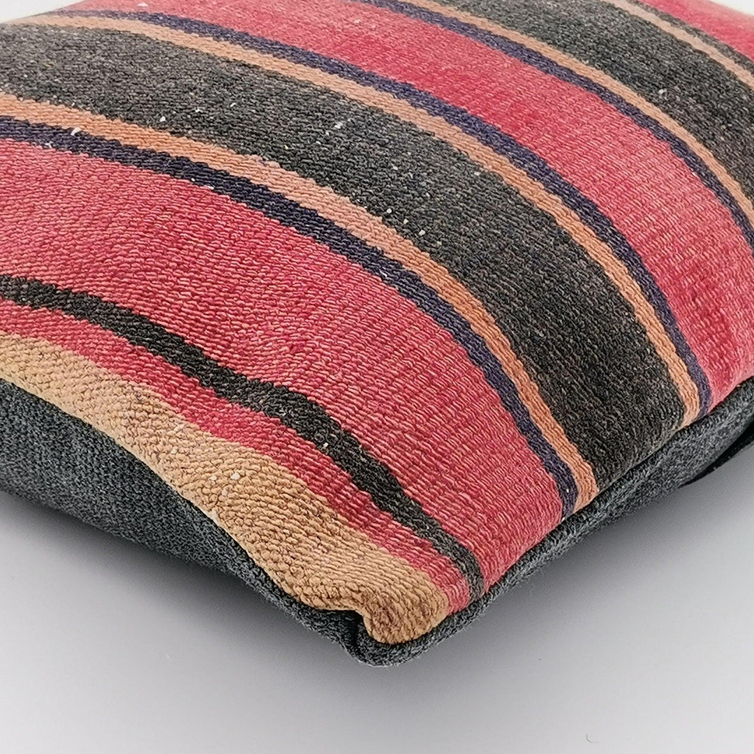 Turkish Kilim Pillow Cover|Red Black Striped Kelim Cushion Case|Anatolian Vintage Throw Pillow Top|Handwoven Rug Design Cushion Case 16x16